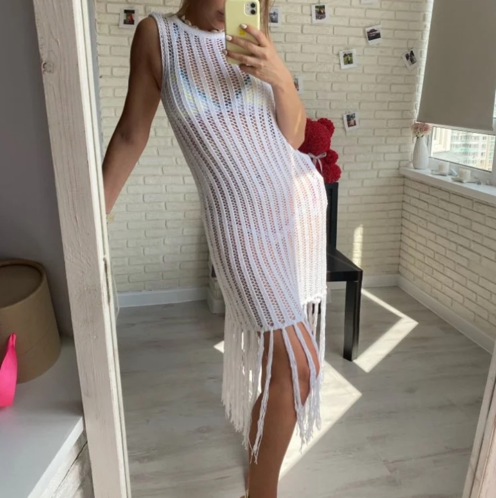New White Chrochet Cover Up Dress with Fringe - Picture 3 of 7